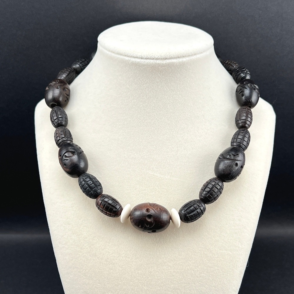 Vintage Beaded Necklace Hand Carved Wood Brown Tribal Boho 17" - Picture 2 of 9